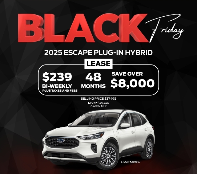 Black Friday offer on 2025 Escape Plug-In Hybrid: Lease at $239 bi-weekly, 48 months, save over $8,000.