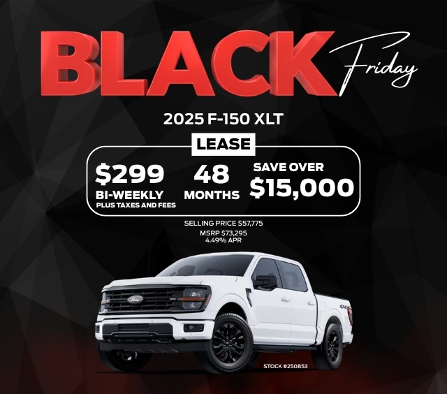 Black Friday 2025 F-150 XLT lease offer: $299 bi-weekly, 48 months, save over $15,000.