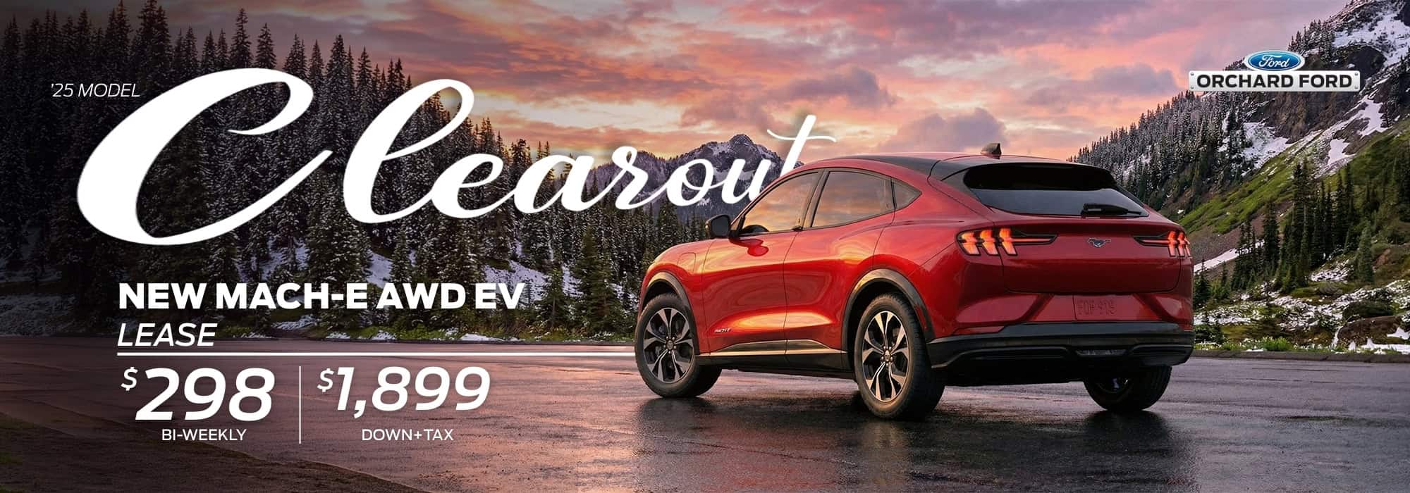 2025 red Mach-E AWD EV lease ad at $298 bi-weekly, $1,899 down, Orchard Ford, mountain sunset backdrop.
