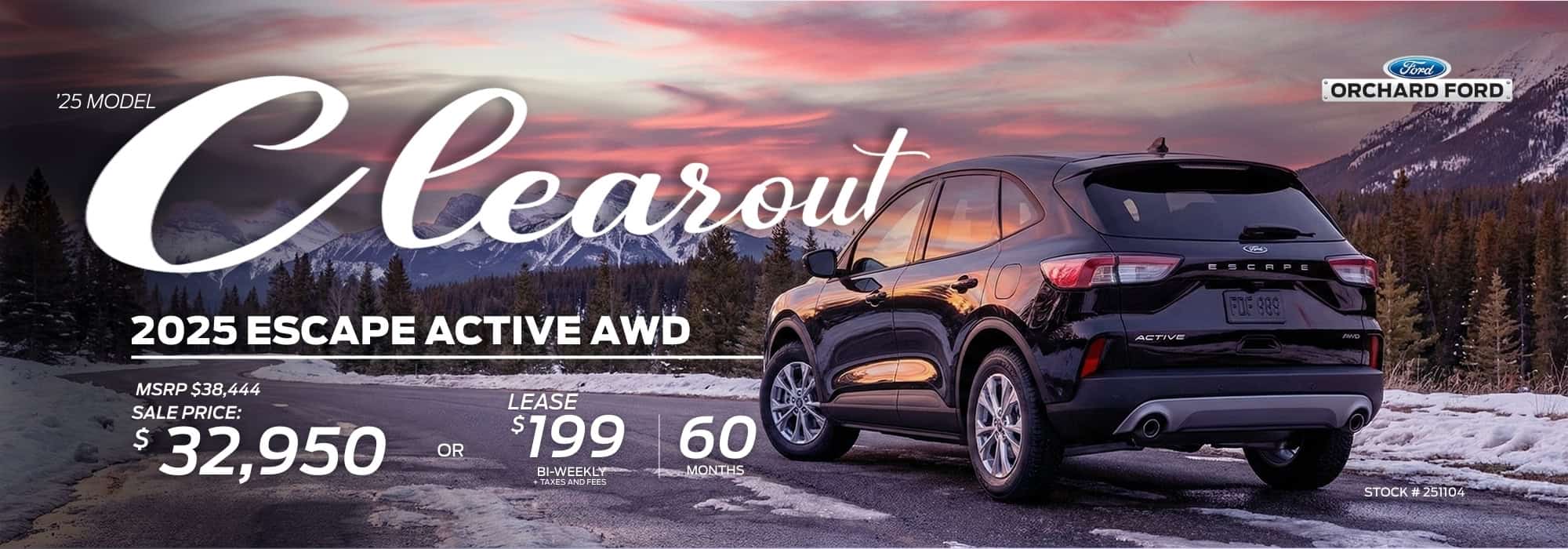 2025 Ford Escape Active AWD advertisement featuring a scenic mountain backdrop, on sale for $32,950 at Orchard Ford.