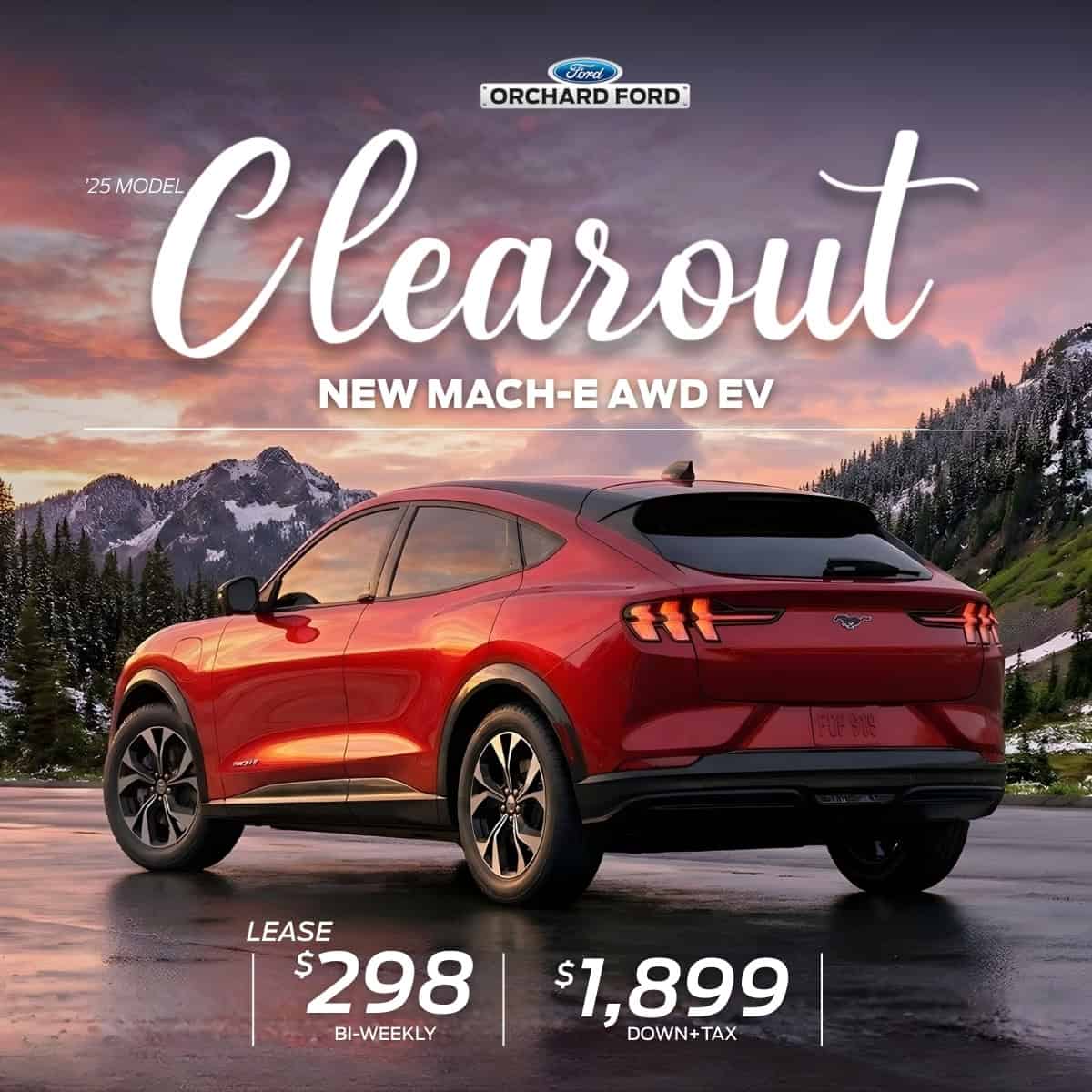 Red 2025 Mach-E AWD EV showcased in a scenic snowy mountain landscape. Lease offer: $298 bi-weekly, $1,899 down.
