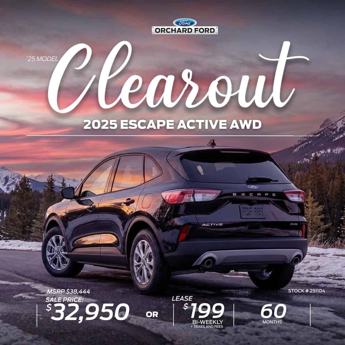 2025 Ford Escape Active AWD Clearout event. Priced at $32,950 or lease for $199 bi-weekly over 60 months.