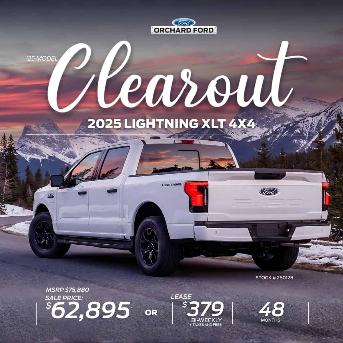 White 2025 Ford Lightning XLT 4x4 truck in mountain landscape. Sale price: $62,895, lease: $379 bi-weekly.