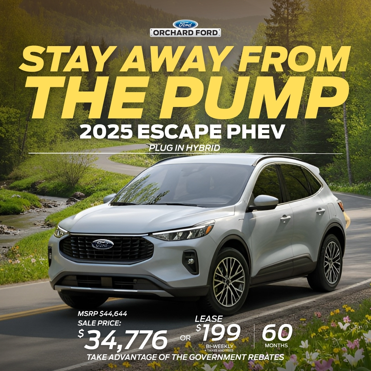 2025 Ford Escape PHEV promotion with a car on a scenic road, highlighting lease and sale offers.