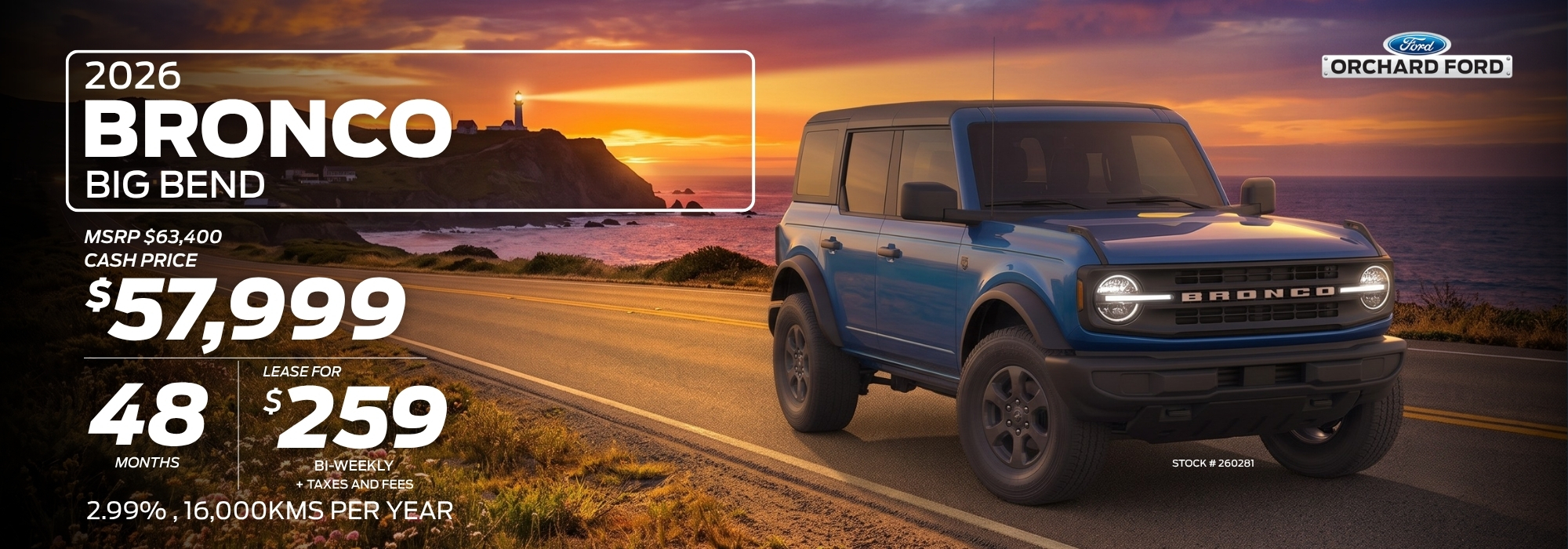 2026 Bronco Big Bend SUV in desert sunset, priced at $59,555, with lease options from Orchard Ford.