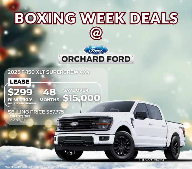 Boxing Week deal at Orchard Ford: Lease 2025 F-150 XLT Supercrew 4x4 for $299 bi-weekly, save over $15,000.