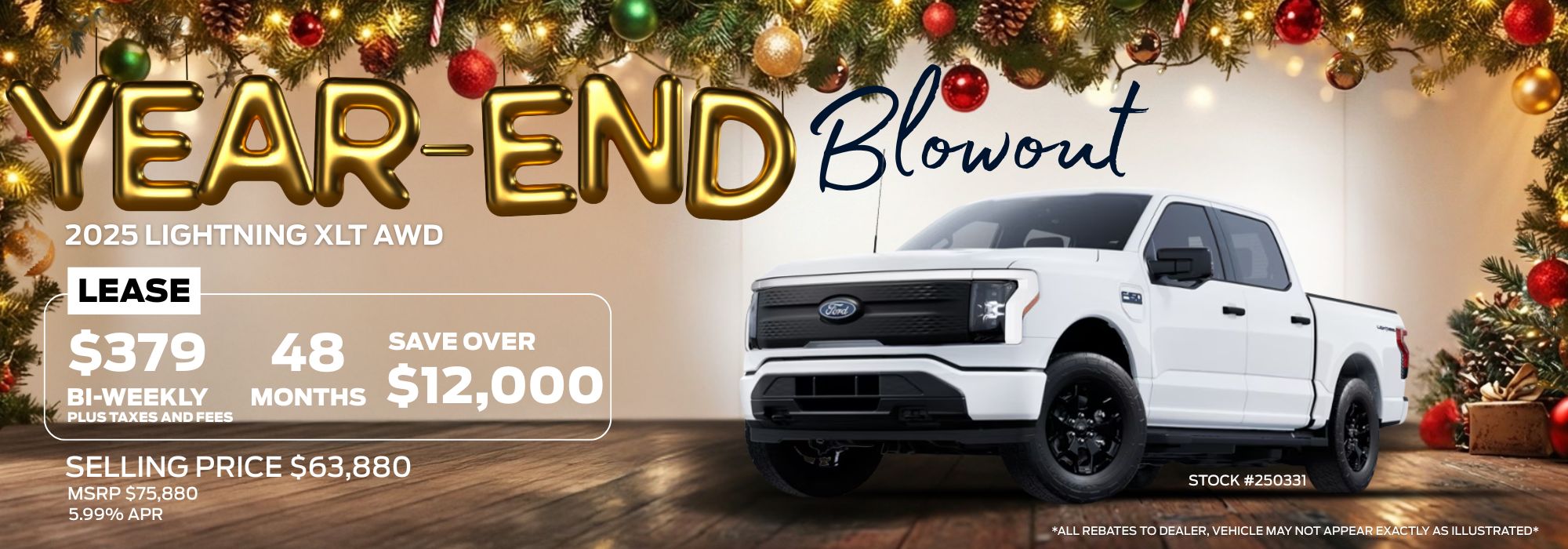 Year-end sale ad for 2025 Lightning XLT AWD. Lease for $379 bi-weekly, save $12,000. White truck image.