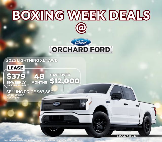 Boxing Week deals at Orchard Ford on a 2025 Lightning XLT AWD. Lease for $379, save over $12,000.