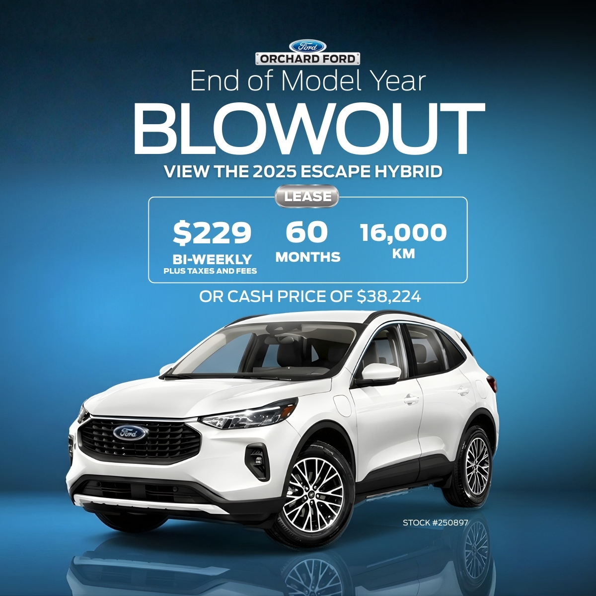 Ford Escape Hybrid promotion: Lease for $229 bi-weekly, 60 months, 16,000 km/year, or $38,224 cash.