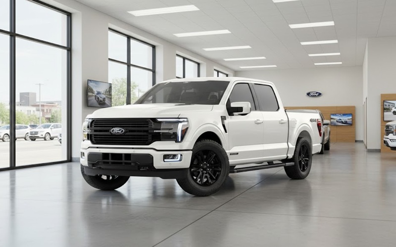 White Ford pickup truck displayed in a modern showroom with large windows and natural light.