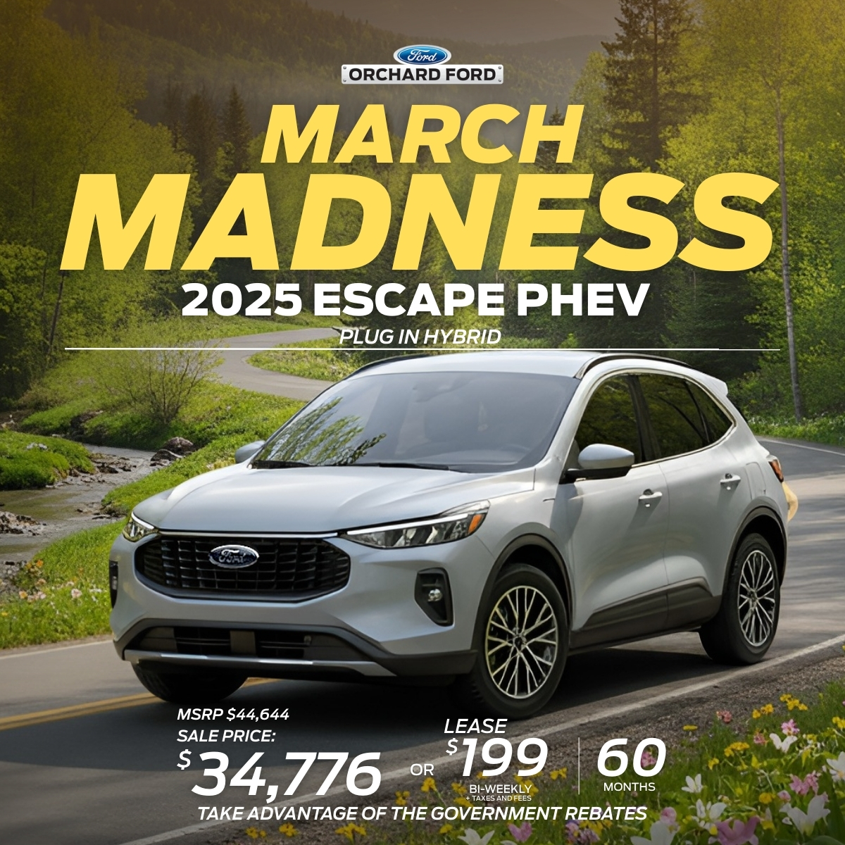 2025 Ford Escape PHEV showcased in a March Madness promo, offering leasing at $199 or a sale price of $34,776.