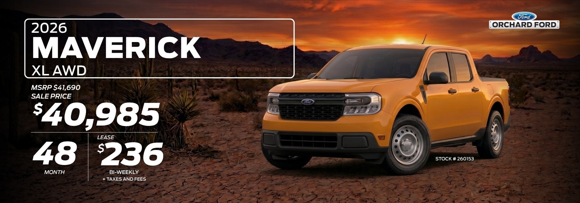 2026 Ford Maverick XL AWD in desert setting at sunset, priced at $40,985 with lease options.