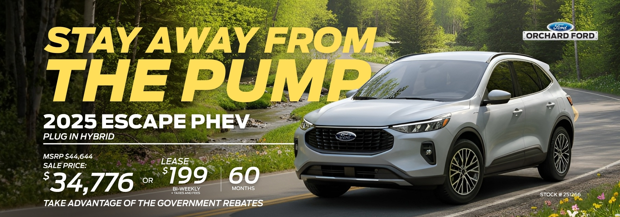 2025 Ford Escape PHEV promotion with pricing details and leasing offers on a scenic road.