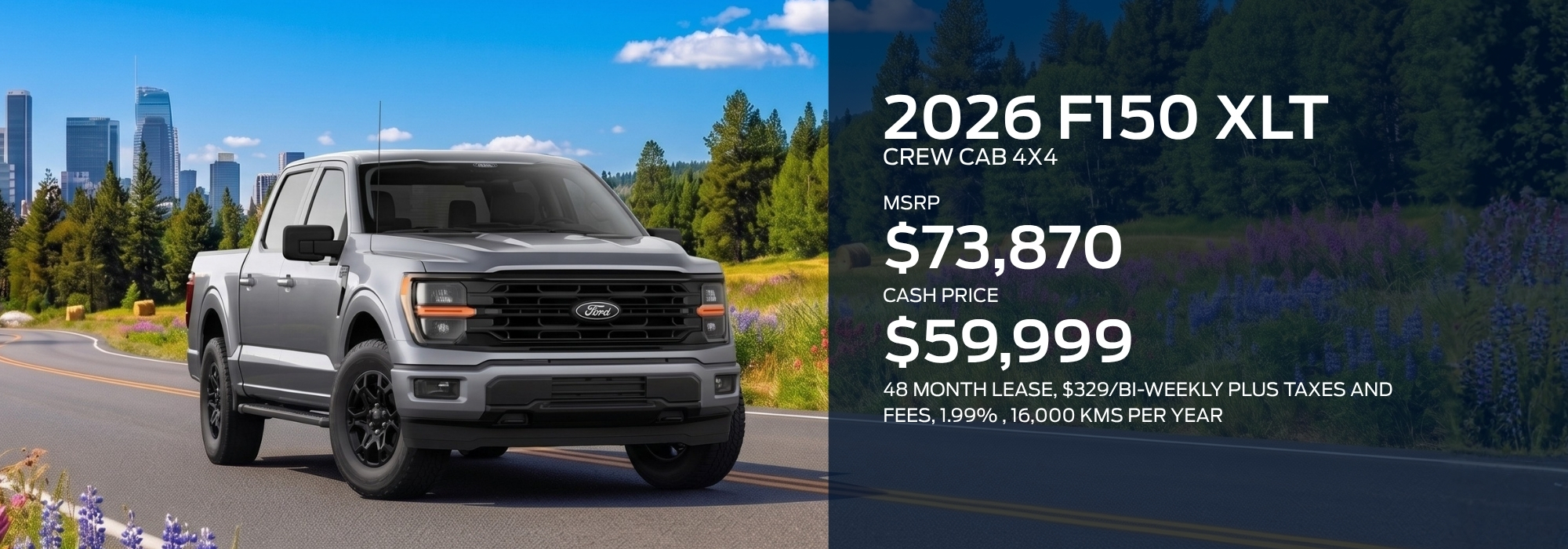 2025 Ford F-150 XLT for sale at $73,230 in a scenic forest backdrop; Orchard Ford ad.