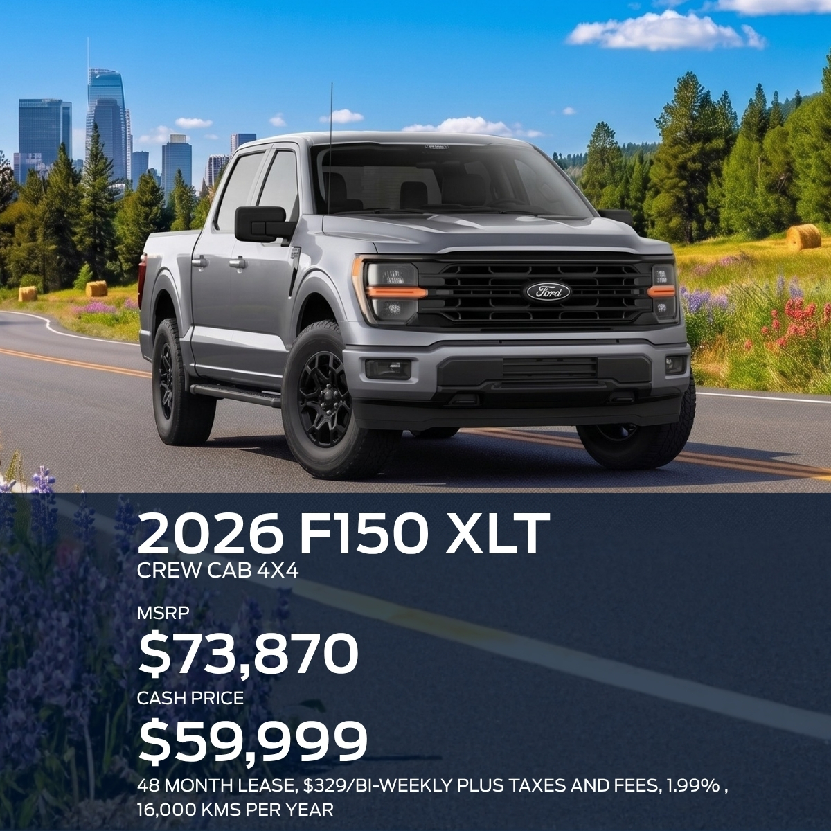2025 Ford F-150 XLT blowout sale at $73,230, originally $88,230, shown in a scenic forest setting.